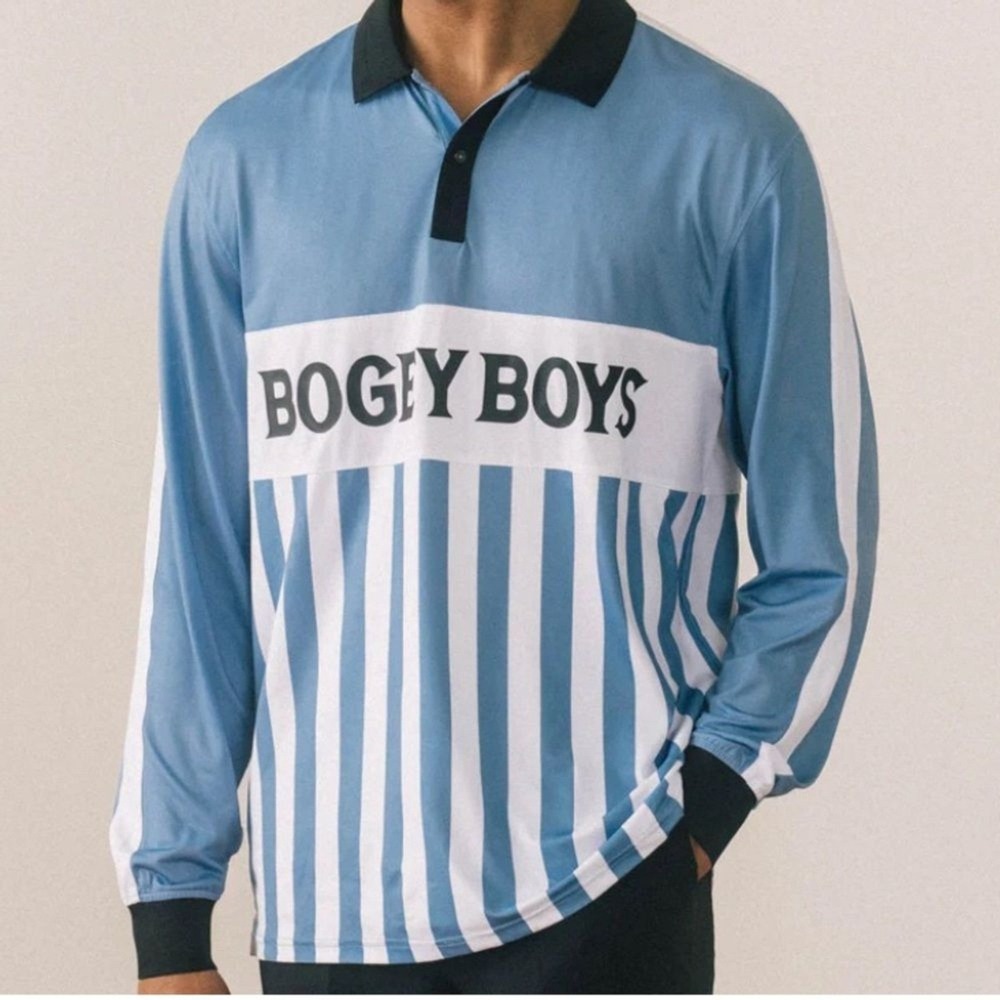 Bogey Boys Athletic Long sleeve Jersey Polo Powder Blue Stripe size M NWT golf